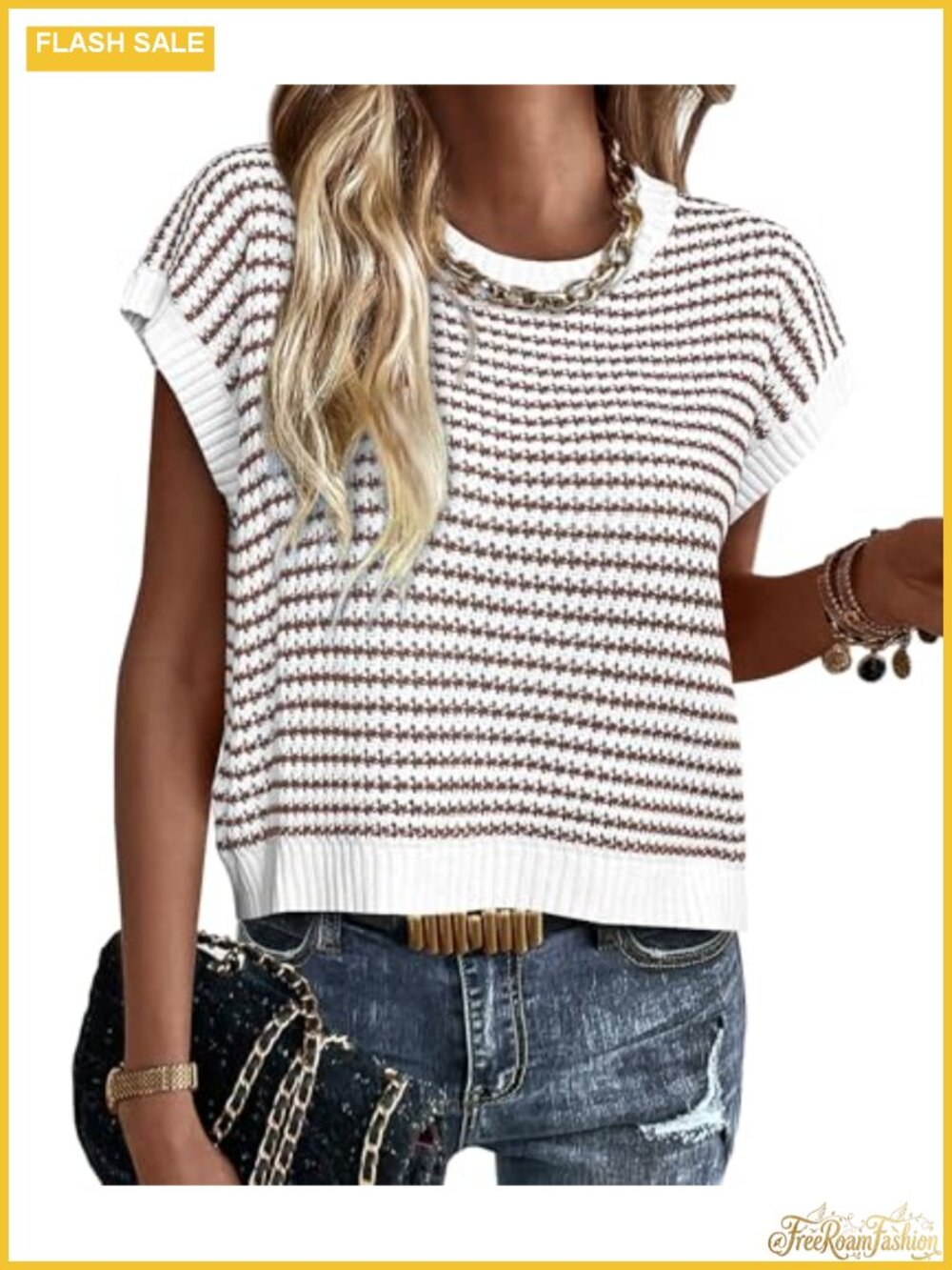 Striped Cap Sleeve Knit Sweater Vest Relaxed Fit Pullover